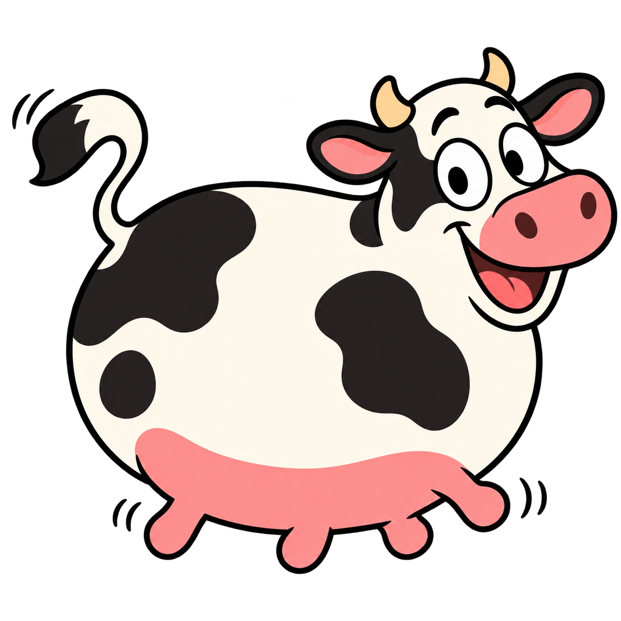 A smiling black-and-white cartoon cow with a pink muzzle and udder